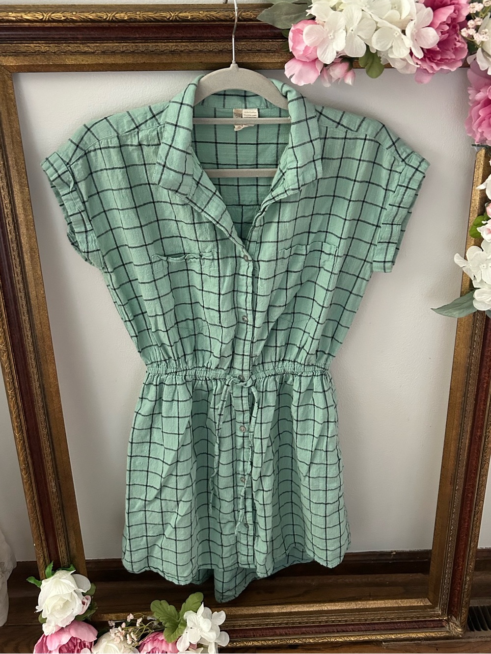 Japna Mint Green Check Drawstring Mini Dress